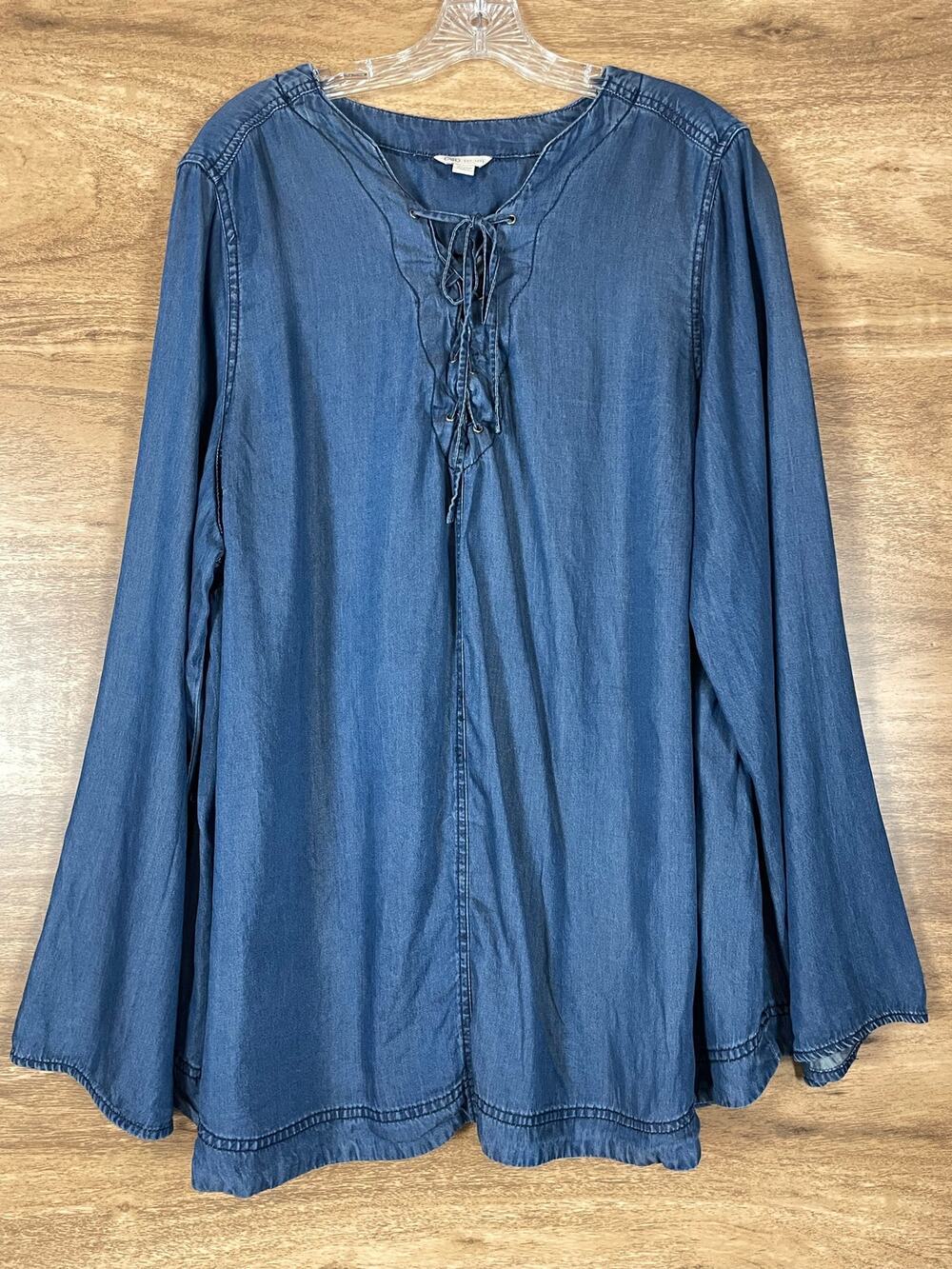 CATO Tencel Denim Tunic Top 26/28W Plus Size Lace Up V-Neck Blue Long Sleeve
